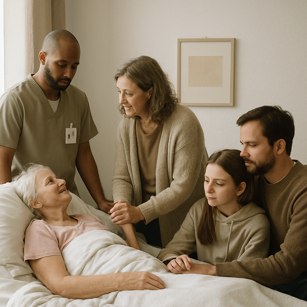 Hospice chaplain offering spiritual and cultural support to a patient and family during end-of-life care. 